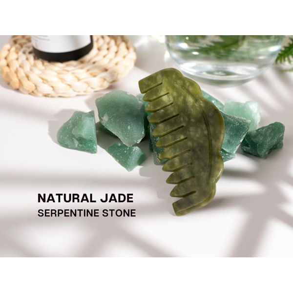Naturlig Jade Kam Hode Massasjer, Hodebunnsmassasje Kam og Gua Sha Skrapeverktøy, Meridian Massasjeverktøy for Hodepleie og Avslapping (Serpentin) Serpentine