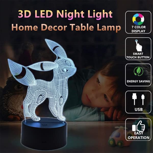 3D Illusjon Umbreon Nattlys, LED Bordlamper, Hjemmeinnredning, T