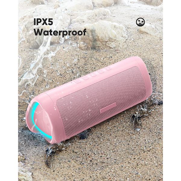 Høyttaler med HD-lyd, bærbar trådløs, IPX5 vanntett, opptil 20 timers spilletid, TWS-paring, BT5.3, for hjemme/fest/utendørs/strand, Ele Pink
