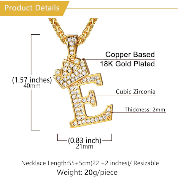 Krone Initial A-Z Halskæde, Iced Out Bogstav Vedhæng med 22-24 Tommer Kæde, Mænd Kvinder Bling Hip Hop Alfabet Navn Smykker Gave Store Initialer Halskæder E 18K Gold