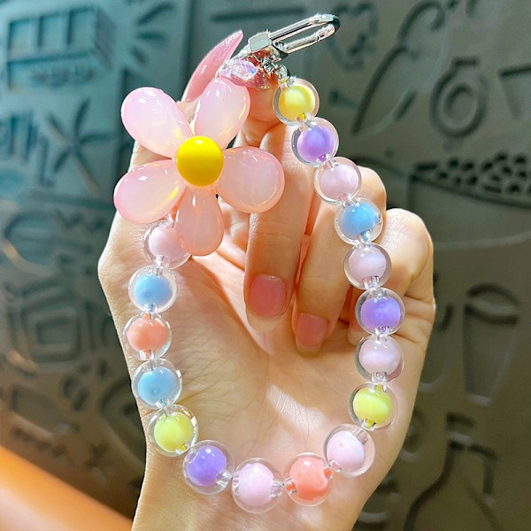 Mobiltelefon Rem Hänge Blom Armband Kreativ Hängande Rep Nyckelring Mobiltelefon Lanyard Pärlblom Anti-Lost Telefonfodral Lanyard Pink Flower