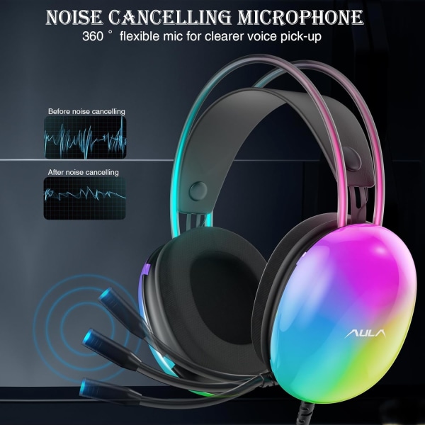 USB-spillhodetelefon med mikrofon for PC, RGB-regnbuebelysning, virtuell 7.1 surroundlyd, 50 mm driver, myke minneøreputer, kablet bærbar datamaskin stasjonær datamaskin Black