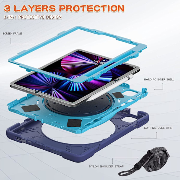 Etui til iPad Air 11 tommer 2024 (M2) ， Tablet Cover med Penneholder/Roterende Stativ/Skulderstropp Navy Blue New iPad Air 11 2024