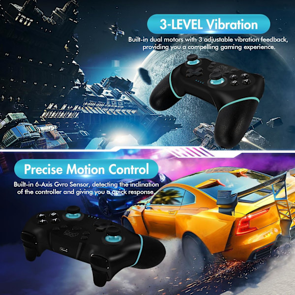Switch Controller, Trådløs Pro Controller til Switch/Switch Lite/Switch OLED med Wake-up, Turbo og Gyro-akse Black+Blue