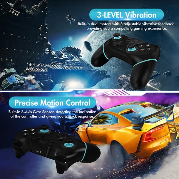Trådløs Pro-kontroller for Switch/Switch Lite/Switch OLED med Wake-up, Turbo og Gyro-akse Black+Blue