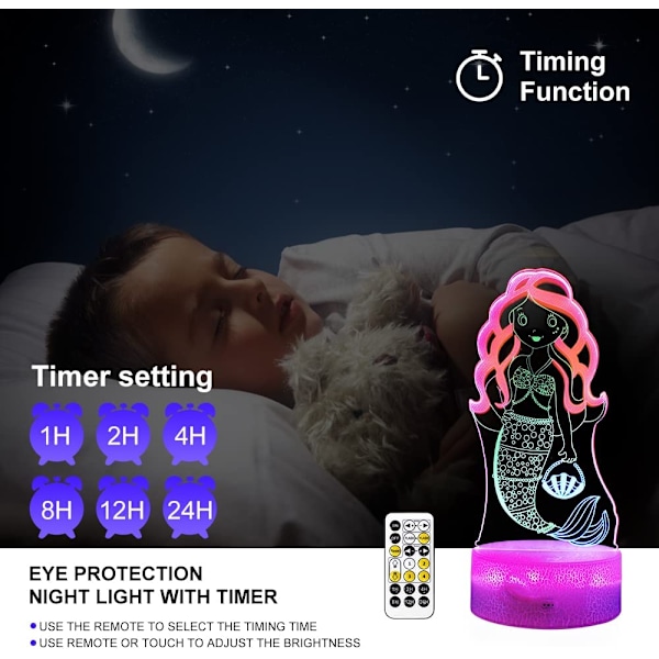 Lille Havfrue 3D Natlampe, Dynamiske RGB Farver Skiftende 3D Illusion Lampe med Smart Berøring og Fjernbetjening