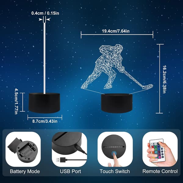 Hockey Player 3D nattlampor för barn, 16 LED-färgbyte