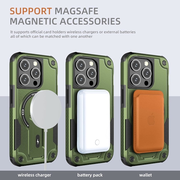 Magnetiskt iPhone-fodral med stativ, kompatibelt med MagSafe, robust inbyggt stativ, militärklassat fallskydd stötsäkert för iPhone Green iPhone 15 Pro