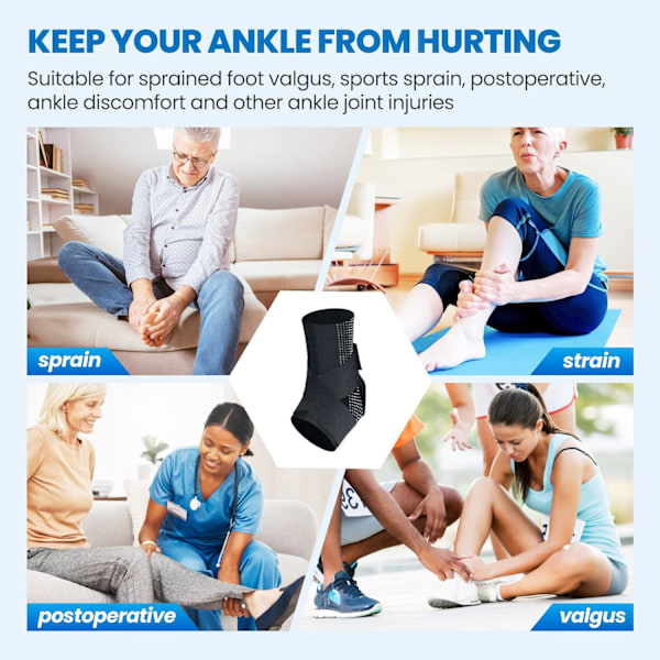Ankelstøtte, Justerbar Åndbar Kompressionsankelstøtte, til Mænd og Kvinder med Forstuvede Ankler, Ankelbandage Stabiliserende Ligamenter, Plantar Fascii Black XLarge