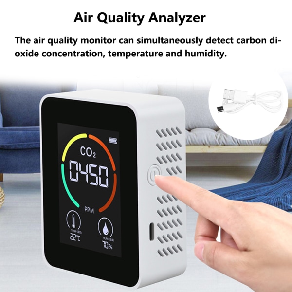 CO₂-detektor Digital termometer Hygrometer Luftkvalitetsmonitor TVOC Formaldehyddetektor White