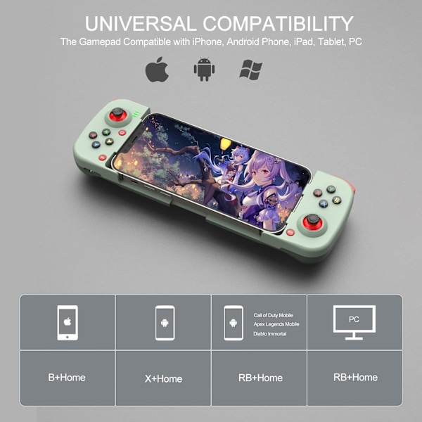 Bluetooth-kontroller för iPhone, Android, direkt spel, låg latens, telefonkontroller spelkontroll joystick för Galaxy S23 S22 S21 20 Ultra, iPhone 14 13 1 Green