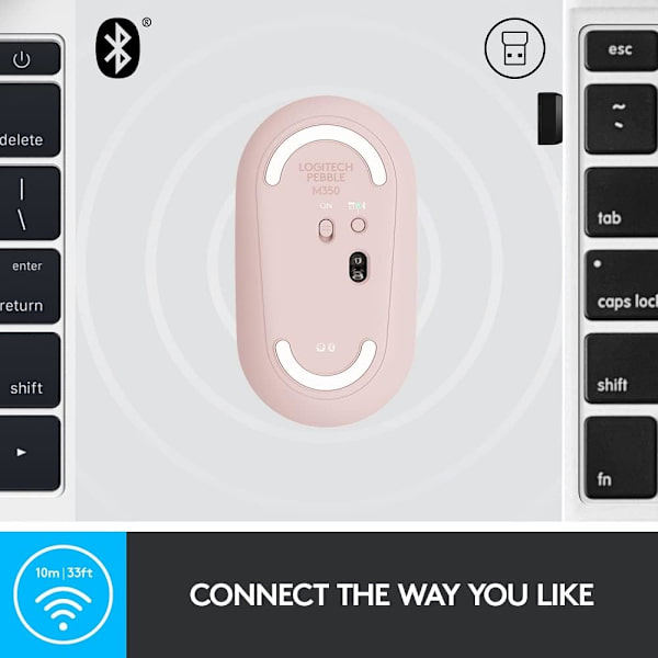 Logitech M350 Pebble trådløs mus med Bluetooth eller 2,4 GHz-modtager, lydløs, slank computermus med stille klik Pink