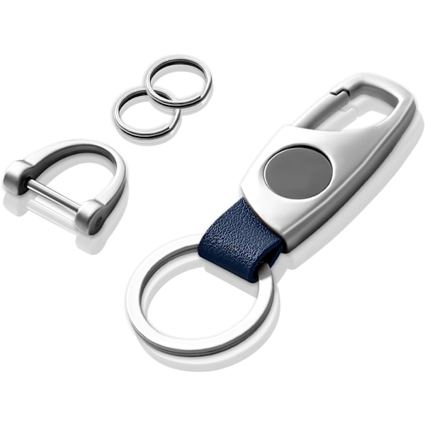 Karabinhage nøglering, nøgleringe til bilnøgle med 2 nøgleringe og anti-tabt D-ring, multifunktionelle nøgleringe til mænd og kvinder-sølv (blåt læder) Silver Blue Leather