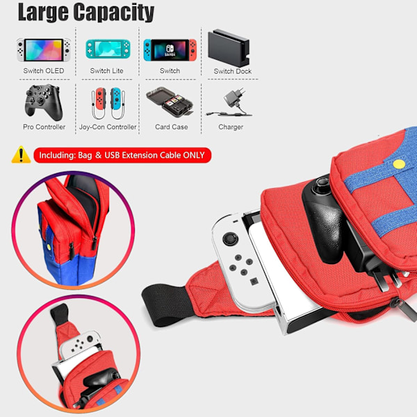 Söt Reseväska för Nintendo Switch/Lite/OLED/Steam Deck, Bärbar Crossbody Axelväska för NS SD Konsol Dock Joy-Cons Tillbehör Förvaring Red