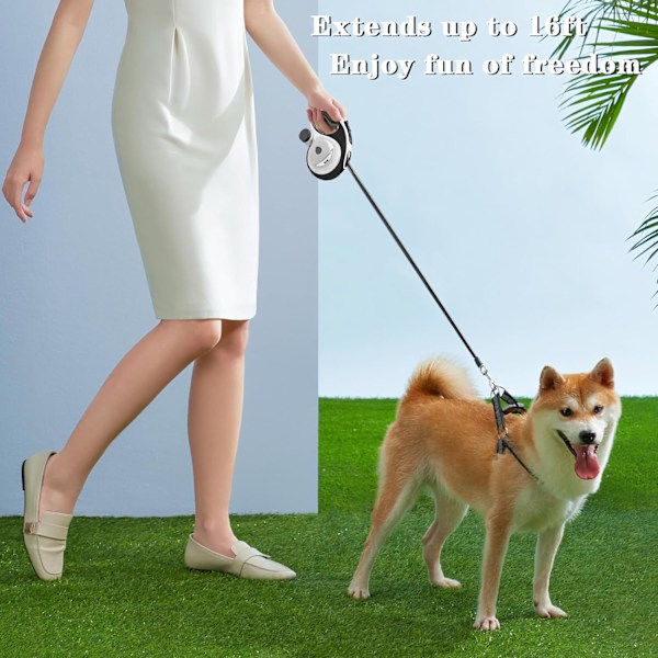 Inntrekkbar hundekobbel med avfallsposebeholder og lommelykt, 16 fot hundekobbel for små mellomstore hunder opptil 66 pund, en knappbryter og lås, 360° floke F 16ft white Large