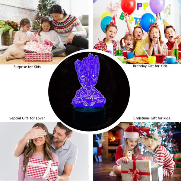 Groot 3D Natlys, Børne 7 Farve Berørings Dekor Bordlampe, Optisk Illusion 7 Farver Skiftende Jul Fødselsdag