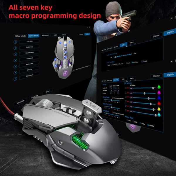 Spelmus med sladd, 5600 DPI justerbar, ergonomisk spel-US