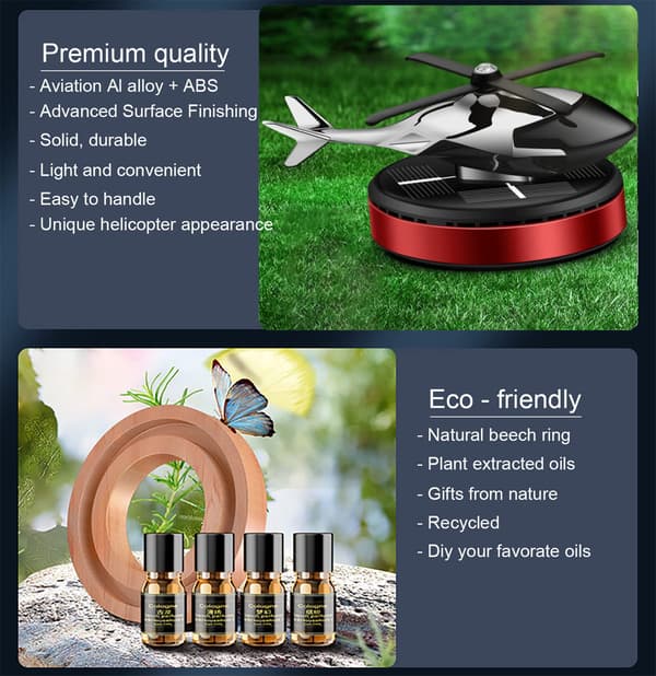 Bilduftfrisker - Helikopter Solar Roterende Aromaterapi Diffuser, Bil- og Hjemmeinteriørdekorasjonstilbehør, for Bil/Hjemmeduft Red