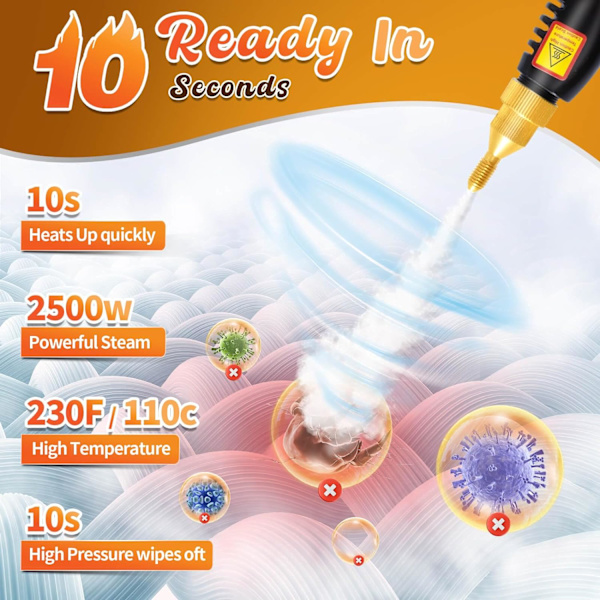 2500W håndholdt damprenser, højtemperatur damprenser til rengøring, damprensning til madras, bilpleje sofa polstring badeværelse (orange-ny V Orange-New Version