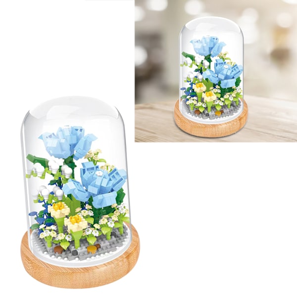 Växtbyggstenar Miniatyr DIY Byggstenar Bukett Krukväxter Prydnader Dekoration Leksaker med Skyddande Överdrag Blue Enchantres