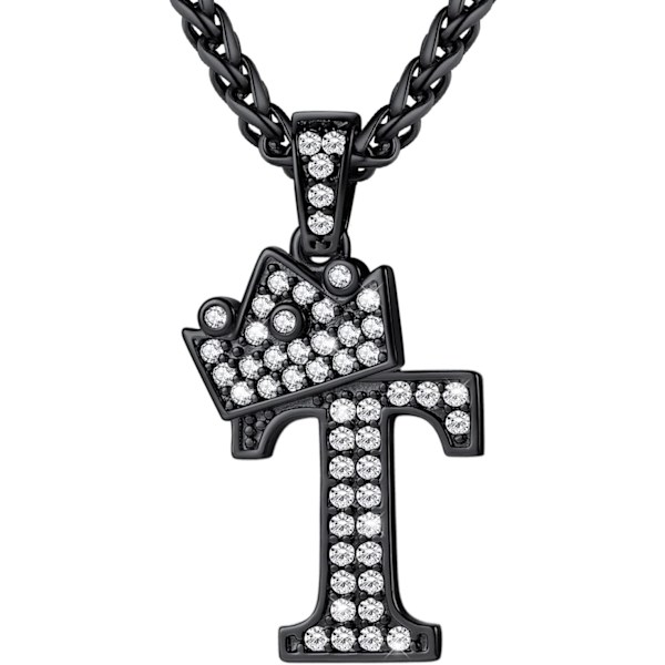 Krone Initial A-Z Halskæde, Iced Out Bogstav Vedhæng med 22-24 Tommer Kæde, Mænd Kvinder Bling Hip Hop Alfabet Navn Smykker Gave Store Initialer Halskæder T Black