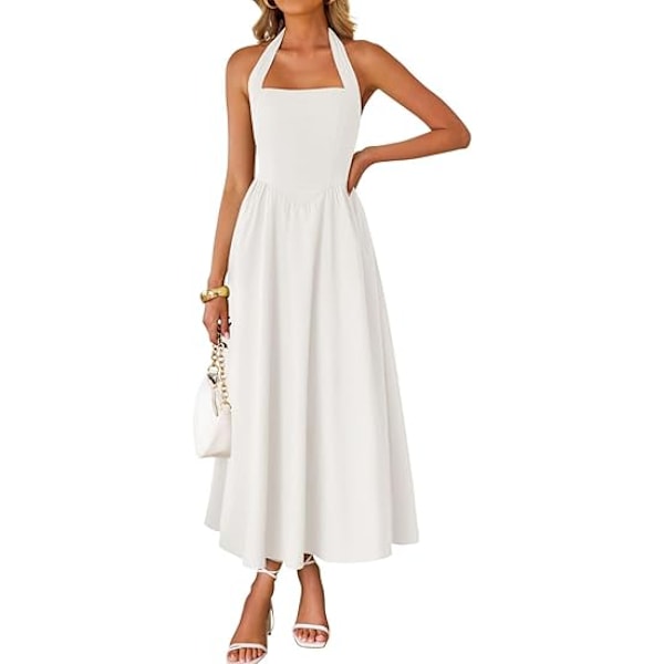 Sommarklänning för damer, ärmlös halterneck midi-klänning 2025, off shoulder, hög midja, svängig, böljande, lång strandklänning M