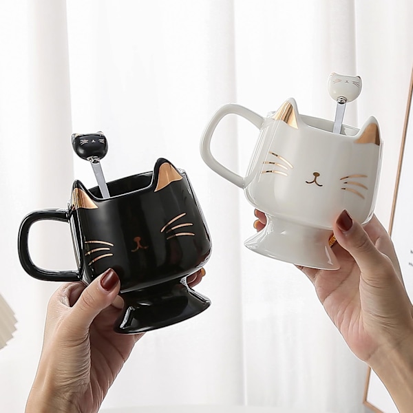 Sød Kattekrus til Katteelskere - Keramisk Kaffekrus med Ske, Perfekt til Katteglade Piger og Valentinsdags Krus Gaver White