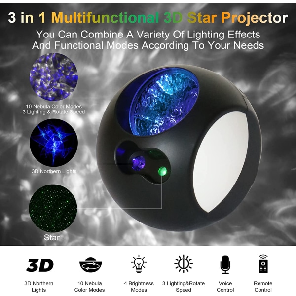 3D Aurora Star Projector, Galaxy Projector för sovrum, 3 i