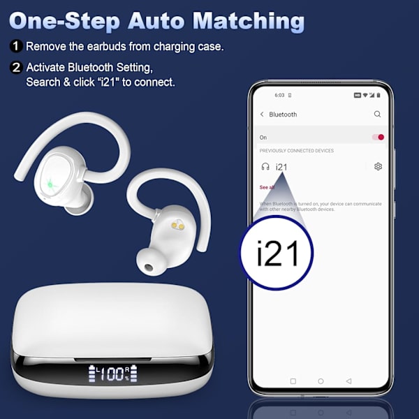 Langattomat nappikuulokkeet, 48 tunnin Bluetooth 5.3 -kuulokkeet korvan yli, IP7-vedenpitävät, urheilun langattomat nappikuulokkeet korvan sisään kaksois-LED-näytöllä, stereobassolla korvan yli