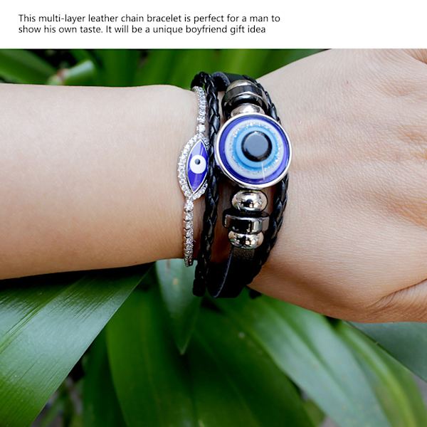 Blå onda ögats armband i turkisk stil, justerbar längd, handvävt läder, herr