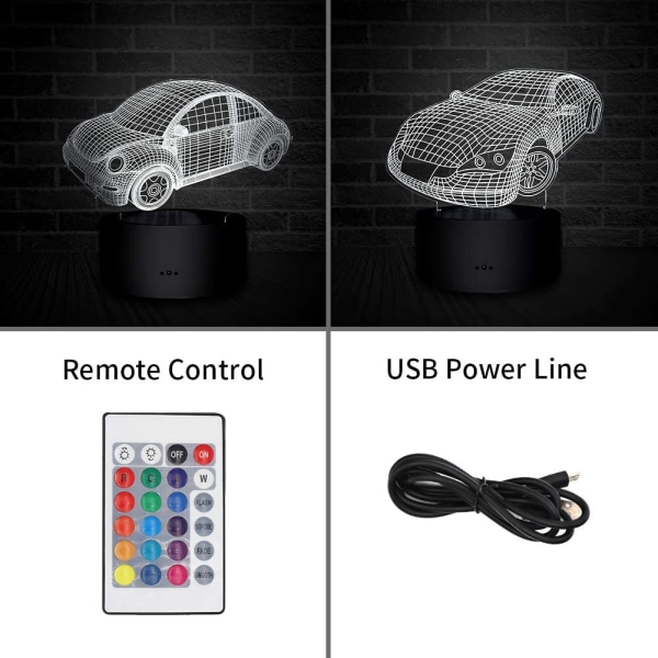 3D nattlampa skalbaggebil och sportbil, LED-illusionlampa 7