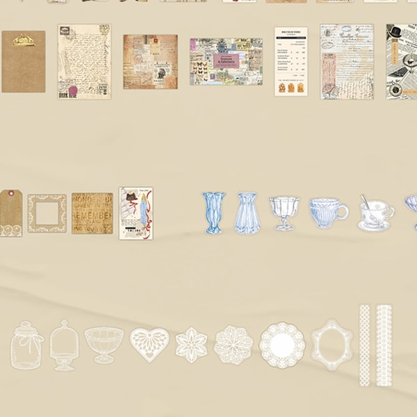 260 arkin vintage-tarvikesarja askarteluun, valikoima upeita ja innovatiivisia DIY-tarroja