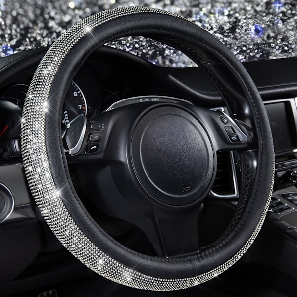 Diamantsvart Läder Rattkåpa, med Bling Kristallstrass Universell Passform 14\" 1/2-15\" Kristallglitter för Kvinnor Spark Black and Silver Diamond