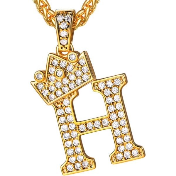 Krona Initial A-Z Halsband, Iced Out Letter Hänge med 22-24 Tums Kedja, Män Kvinnor Bling Hip Hop Alfabet Namn Smycken Present Stora Initialer Halsband H 18K Gold