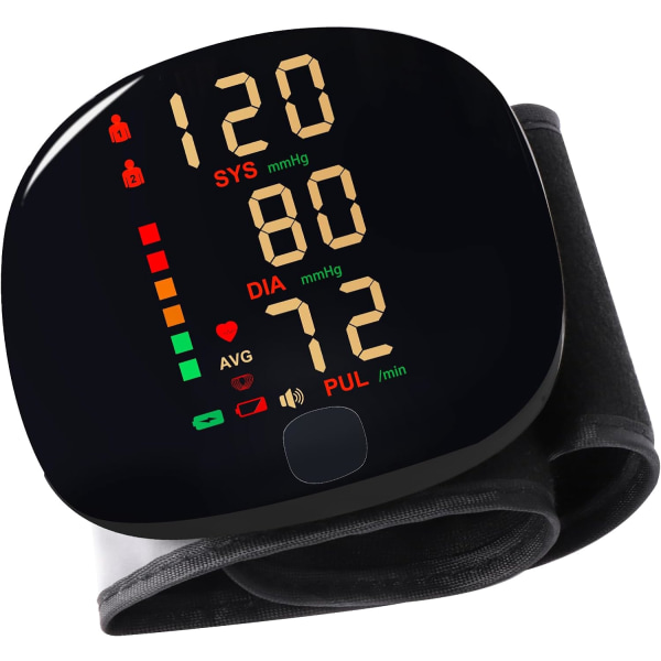Genopladeligt blodtryksapparat til håndleddet med stemmeudsendelse, blodtryksapparat til to brugere med USB-C-opladningskabel og 2x99 hukommelser (sort)