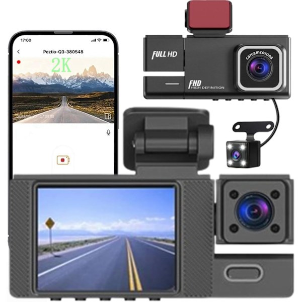 Dash Cam - 3-kanals Dash Cam, 1080P Dash Cam fram, bak och inuti, trippel Dash Cam, bil DVR med 170 ° vidvinkel, G-sensor, 24 timmars parkering, loopinspelning