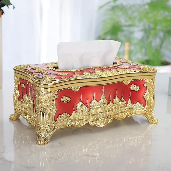Präglad Tissue Box Cover i Form av ett Slott - Rektangulär Akryldispenserhållare, Dekorativ Förvaring för Badrum, Sovrum, Kontor & Bil Gold-red