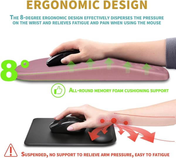 Ergonomisk musemåtte med håndledsstøtte, massage design smertelindrende musemåtte, memoryskum og skridsikker PU-base til trådløs mus, hjem Pink
