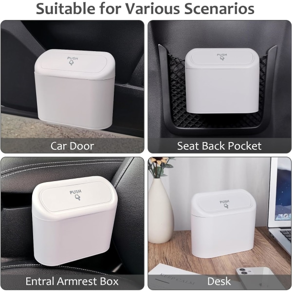 Bil søppelbøtte med lokk, kjøretøy søppelbøtte søppelbøtteholder med en rullpose, Mini lekkasjesikker oppbevaringsboks for bil, SUV, kontor (hvit) White
