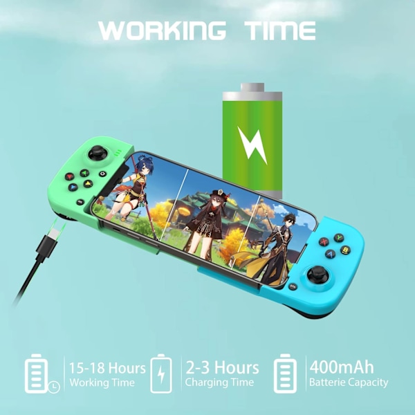 Bluetooth-controller til iPhone, Android, direkte afspilning, lav latenstid, telefoncontroller-gamepad-joystick til Galaxy S23 S22 S21 20 Ultra, iPhone 14 13 1 Green+Blue