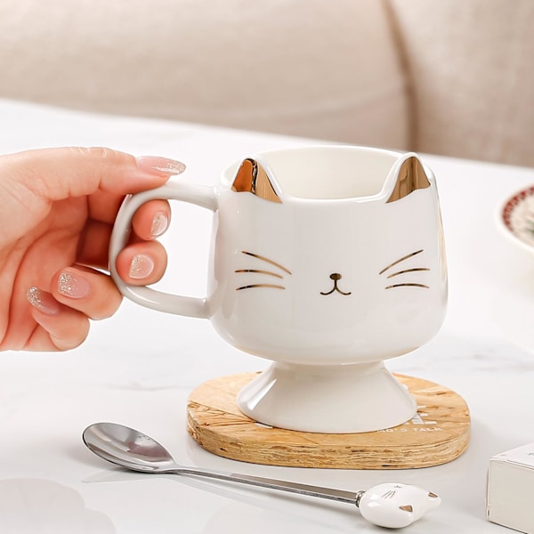 Søt Kattekopp for Katteelskere - Keramisk Kaffekopp med Skje, Perfekt for Katteglade Jenter og Valentinsdagsgave White
