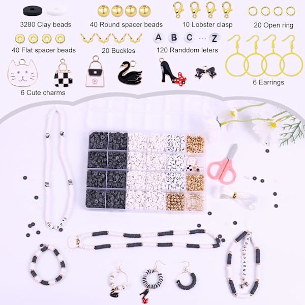 3500 stk. sort-hvide lerperler til armbånd, polymer Heishi-perler til smykkefremstilling, venskabsarmbåndssæt til piger og voksne, bogstav B Black&White