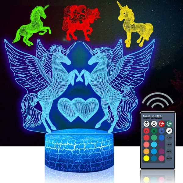 4 stk. 3D Enhjørning Natlampe, DDDNIGHTLIGHT Led Illusion Lampe