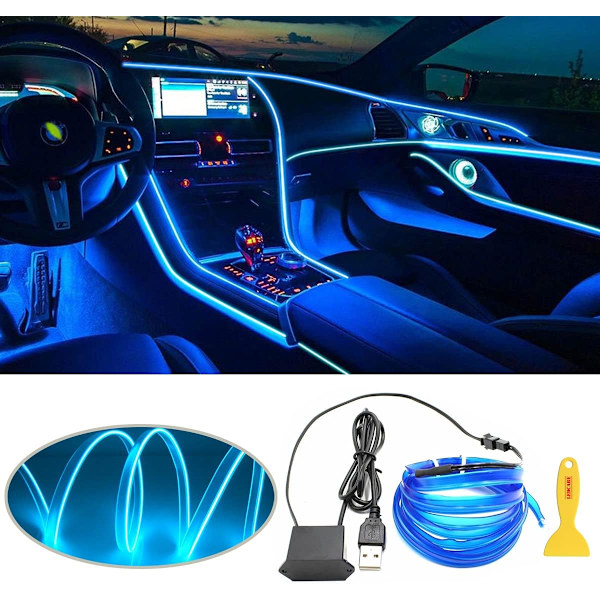 Auton sisätilojen LED-nauhavalot, USB-neonvalo, vilkkuva elektroluminesenssijohtovalo 6 mm:n ompelureunalla, tunnelmavalaistus (5 m/16,5 jalkaa, sininen)