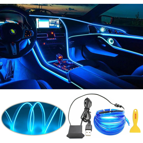 Interiör LED-remsljus för bil, USB neonglödande strobing elektroluminescerande trådlampor med 6 mm sömnadskant, omgivande belysning (5M/16,5FT, blå)