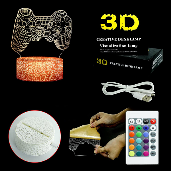 Gamepad 3D Illusion Lamp, 3D nattlampa för pojkar med fjärrkontroll