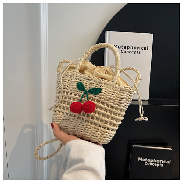 Lille halm spand tasker til kvinder sommer crossbody tasker dame rejse pung og håndtasker kvindelige skulder messenger taske White cherries