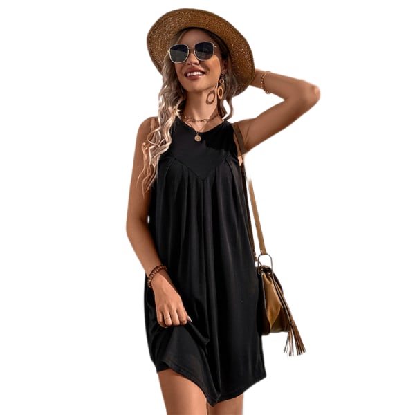 Linne veckad klänning Kort strandklänning solklänning (svart XL)