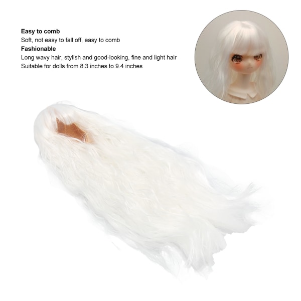 Nuken hiusperuukki korkean lämpötilan lanka pitkät hiukset 1/3 tee-se-itse aaltoileva nuken korvaava peruukki 8,3–9,4 tuuman nukelle Lunar White