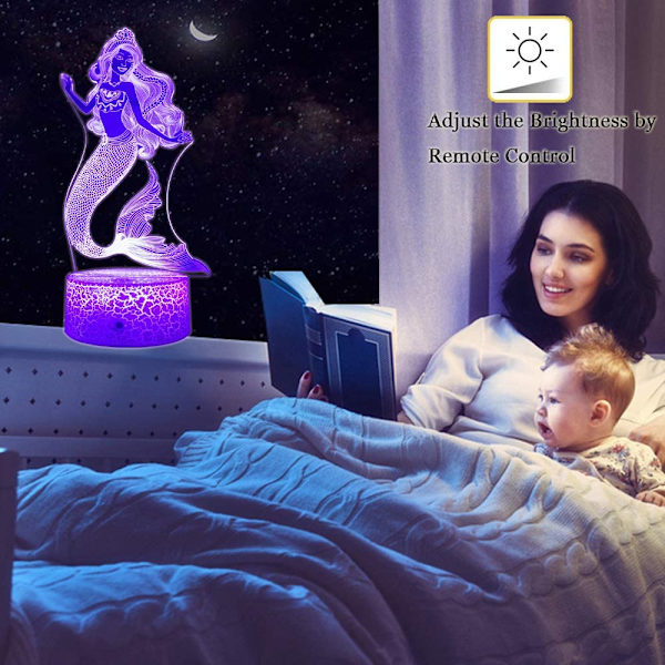 Havfrue 3D Lampe Nattelys for Barn med Smart Berøring & Fjernkontroll 7 Farger + 16 Farger Skiftende Dimbar Havfruegaver